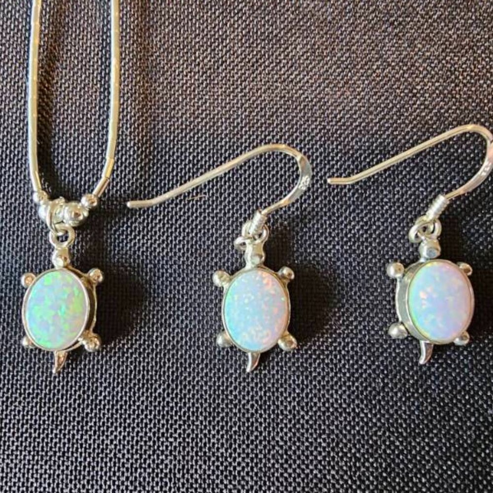 Turtle Shaped Mother of Pearl Pendant and Earrings, Silver Beaded 16" Necklace